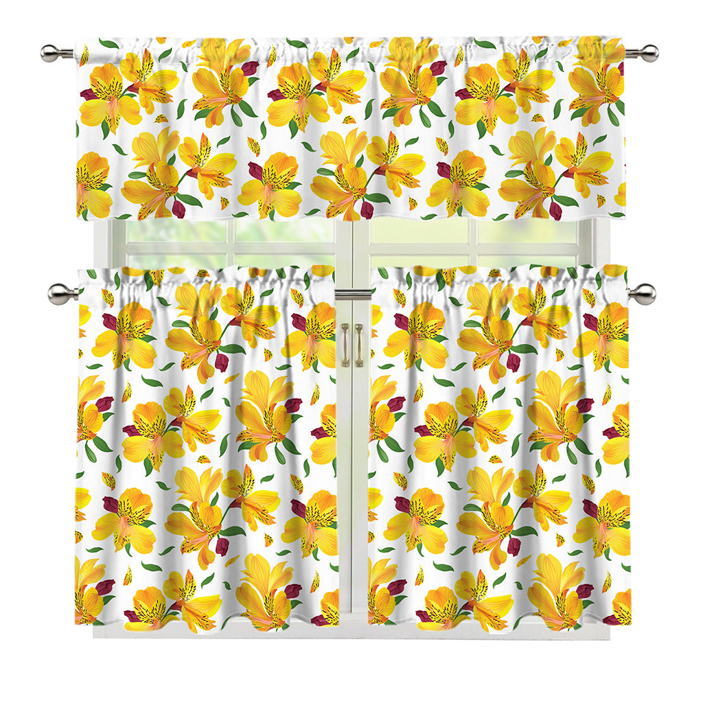 Yellow Alstroemeria Pattern Print 3 Piece Kitchen Curtains