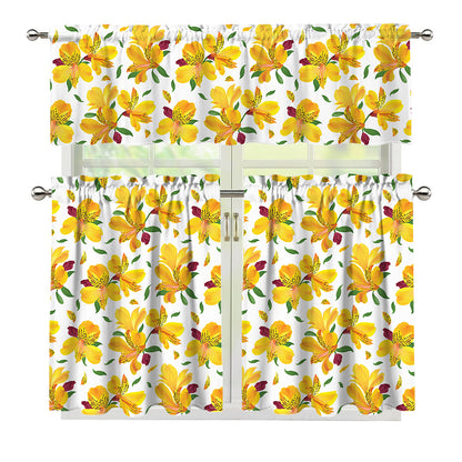 Yellow Alstroemeria Pattern Print 3 Piece Kitchen Curtains
