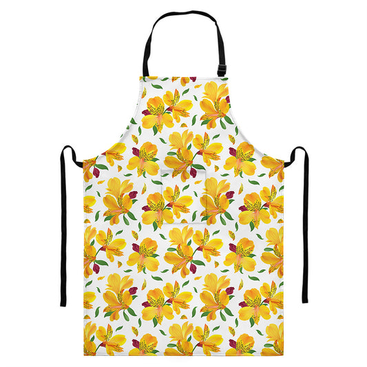 Yellow Alstroemeria Pattern Print Bib Apron With Pocket