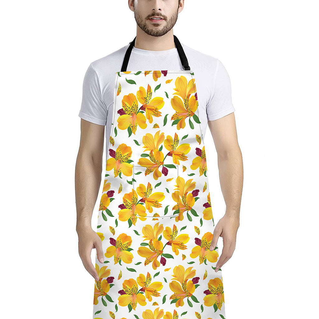 Yellow Alstroemeria Pattern Print Bib Apron With Pocket