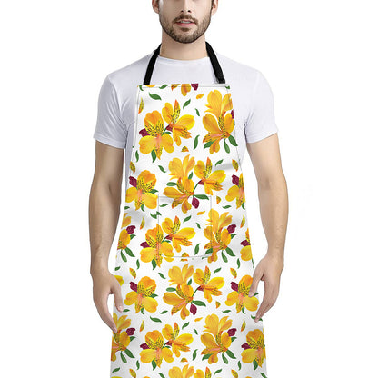 Yellow Alstroemeria Pattern Print Bib Apron With Pocket