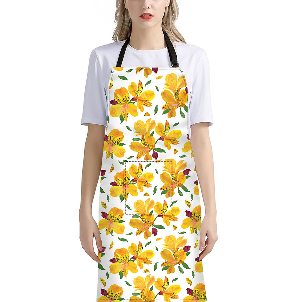 Yellow Alstroemeria Pattern Print Bib Apron With Pocket