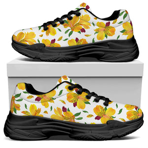 Yellow Alstroemeria Pattern Print Black Chunky Shoes