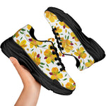 Yellow Alstroemeria Pattern Print Black Chunky Shoes