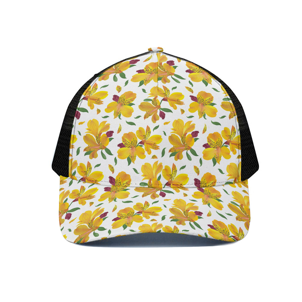 Yellow Alstroemeria Pattern Print Black Mesh Trucker Cap