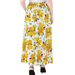 Yellow Alstroemeria Pattern Print Chiffon Maxi Skirt