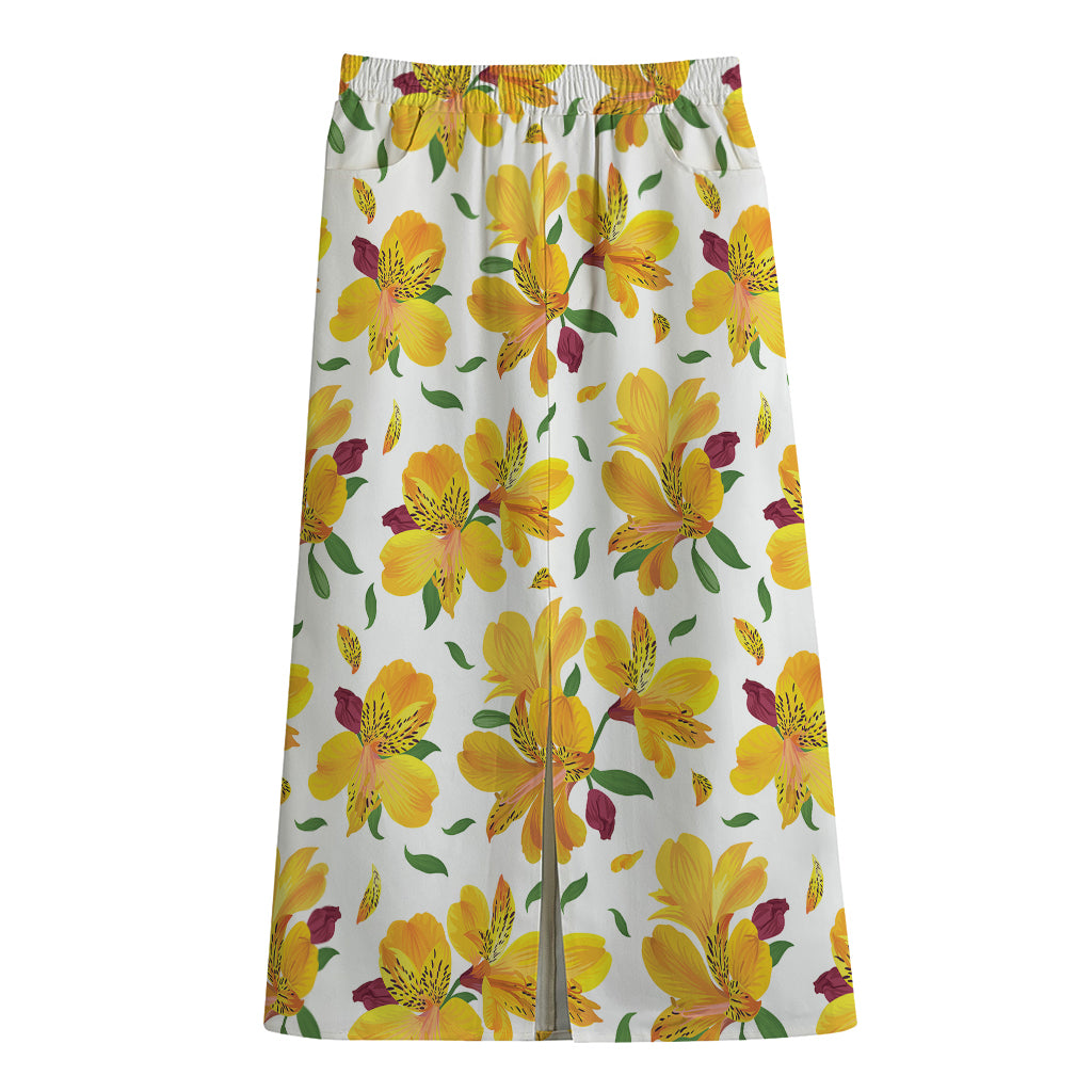 Yellow Alstroemeria Pattern Print Cotton Front Slit Maxi Skirt