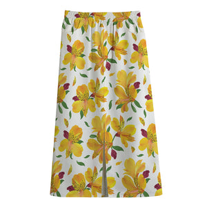 Yellow Alstroemeria Pattern Print Cotton Front Slit Maxi Skirt