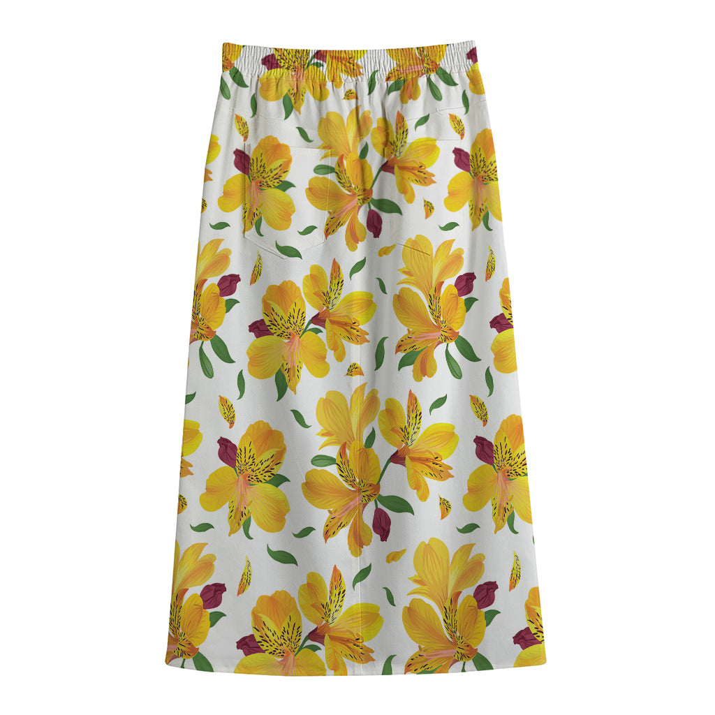 Yellow Alstroemeria Pattern Print Cotton Front Slit Maxi Skirt