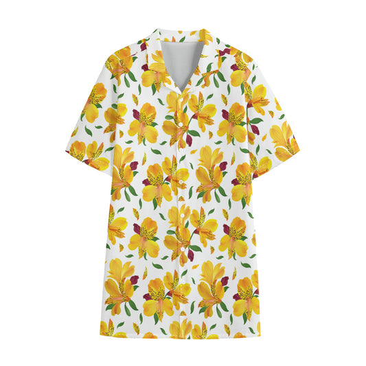 Yellow Alstroemeria Pattern Print Cotton Hawaiian Shirt