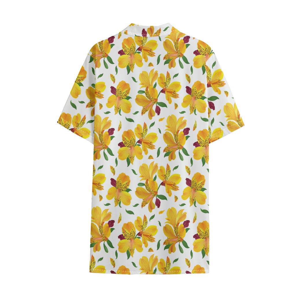 Yellow Alstroemeria Pattern Print Cotton Hawaiian Shirt