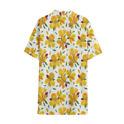 Yellow Alstroemeria Pattern Print Cotton Hawaiian Shirt