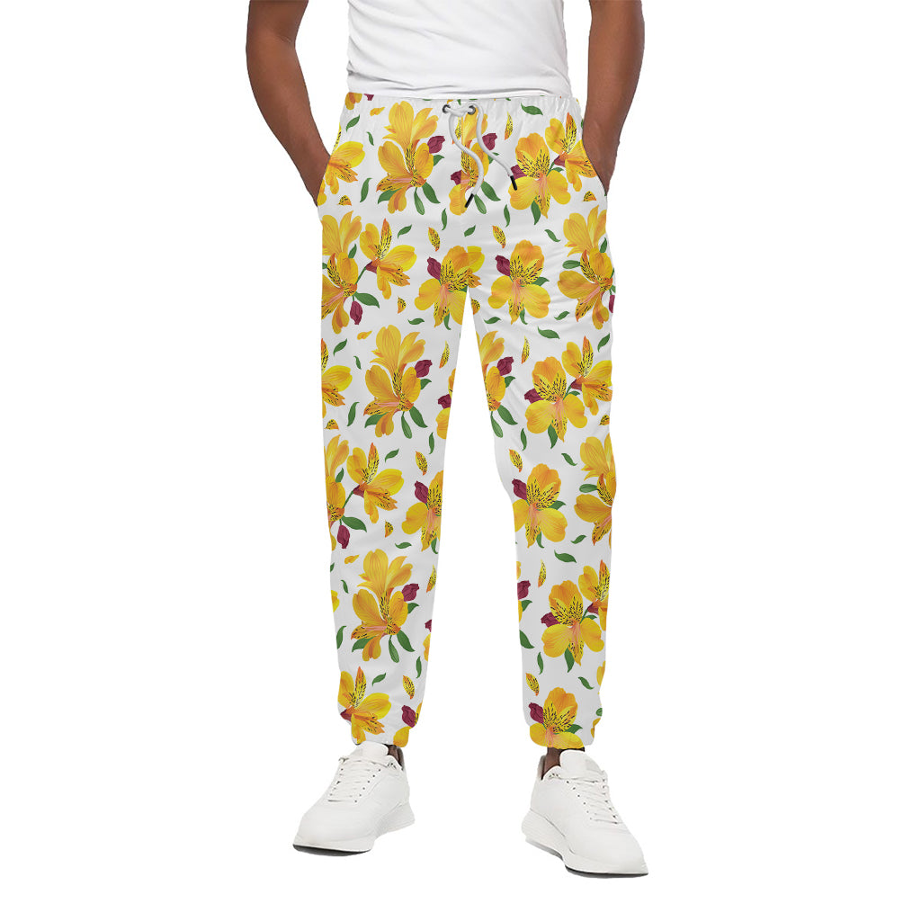 Yellow Alstroemeria Pattern Print Cotton Pants