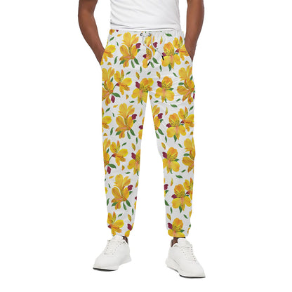 Yellow Alstroemeria Pattern Print Cotton Pants