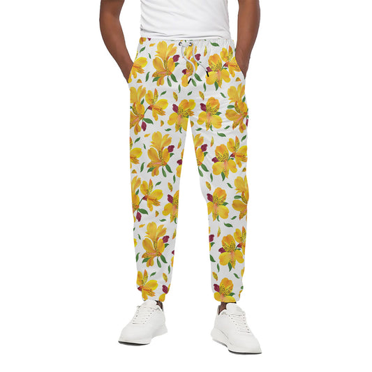 Yellow Alstroemeria Pattern Print Cotton Pants