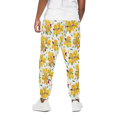 Yellow Alstroemeria Pattern Print Cotton Pants