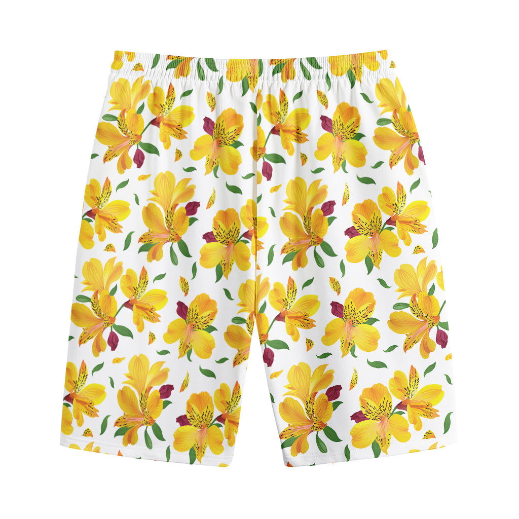 Yellow Alstroemeria Pattern Print Cotton Shorts