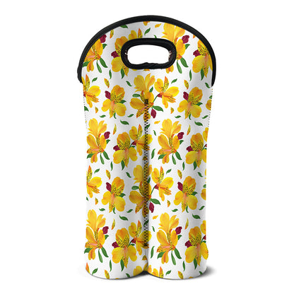 Yellow Alstroemeria Pattern Print Double Neoprene Wine Tote
