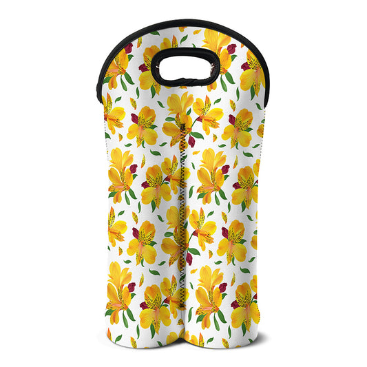 Yellow Alstroemeria Pattern Print Double Neoprene Wine Tote
