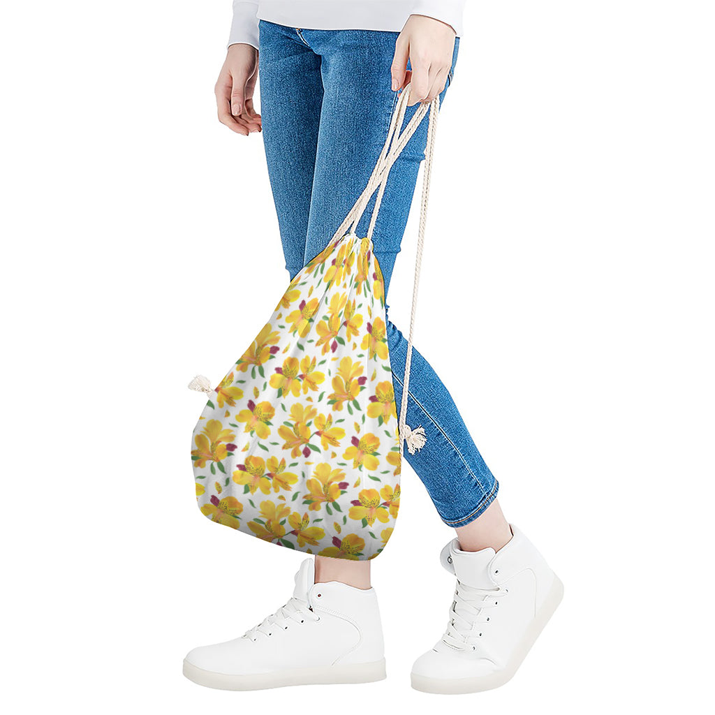Yellow Alstroemeria Pattern Print Drawstring Bag