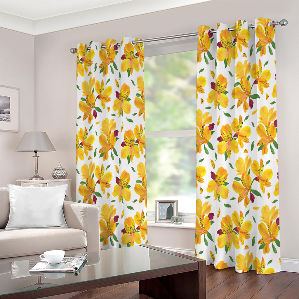 Yellow Alstroemeria Pattern Print Extra Wide Grommet Curtains