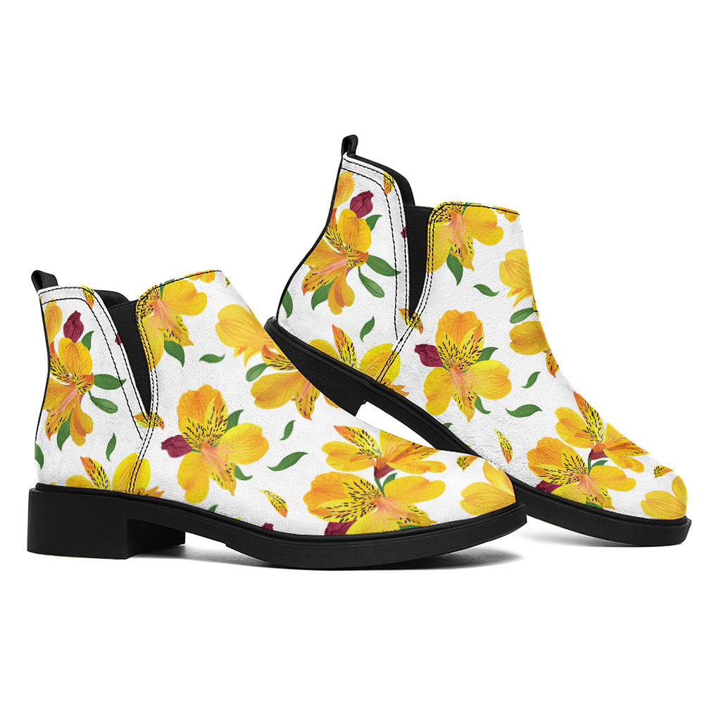 Yellow Alstroemeria Pattern Print Flat Ankle Boots