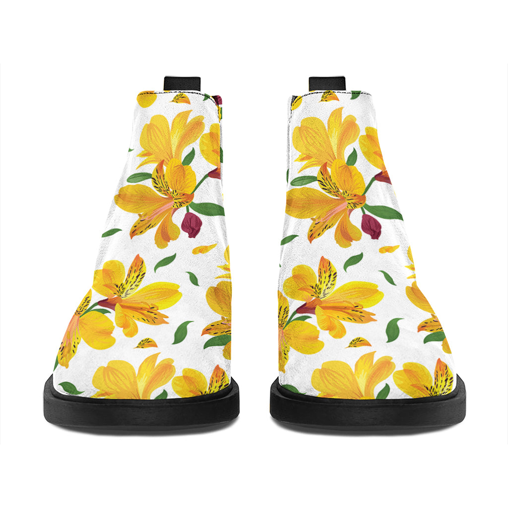 Yellow Alstroemeria Pattern Print Flat Ankle Boots