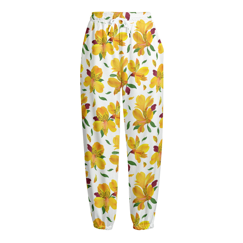 Yellow Alstroemeria Pattern Print Fleece Lined Knit Pants