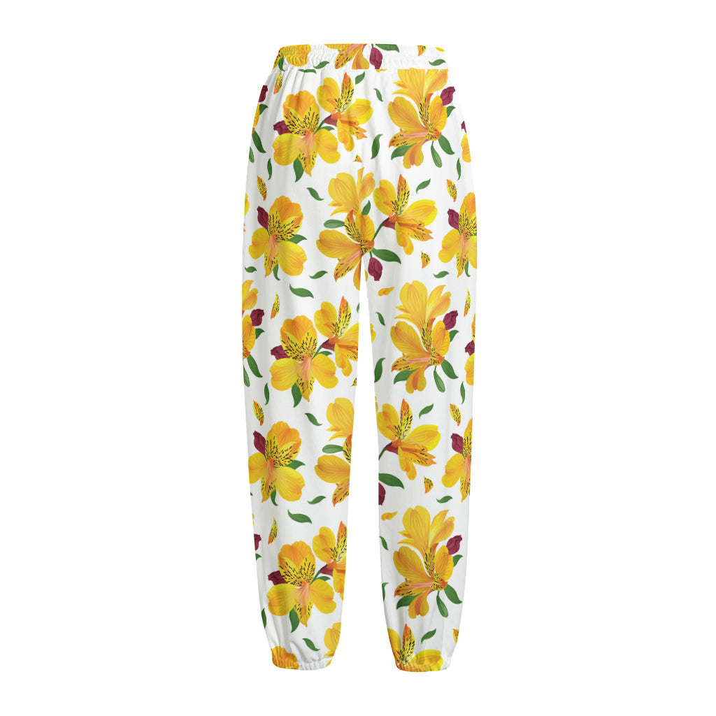 Yellow Alstroemeria Pattern Print Fleece Lined Knit Pants