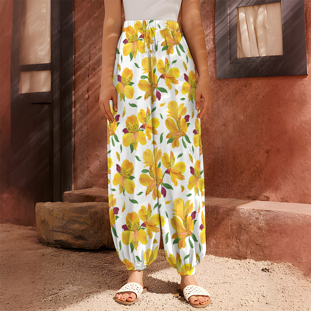 Yellow Alstroemeria Pattern Print Harem Pants