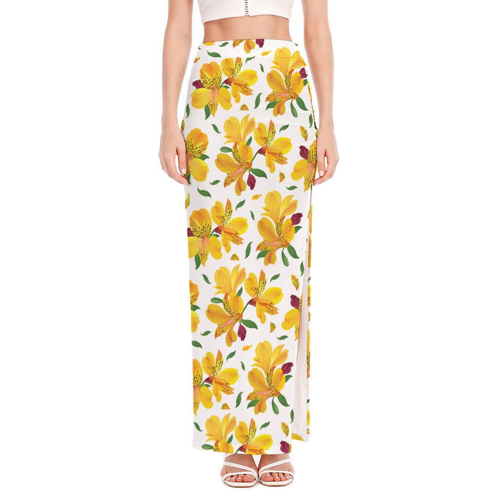 Yellow Alstroemeria Pattern Print High Slit Maxi Skirt