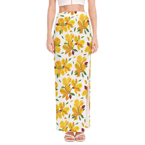 Yellow Alstroemeria Pattern Print High Slit Maxi Skirt