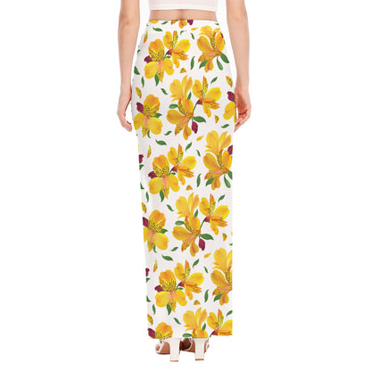 Yellow Alstroemeria Pattern Print High Slit Maxi Skirt