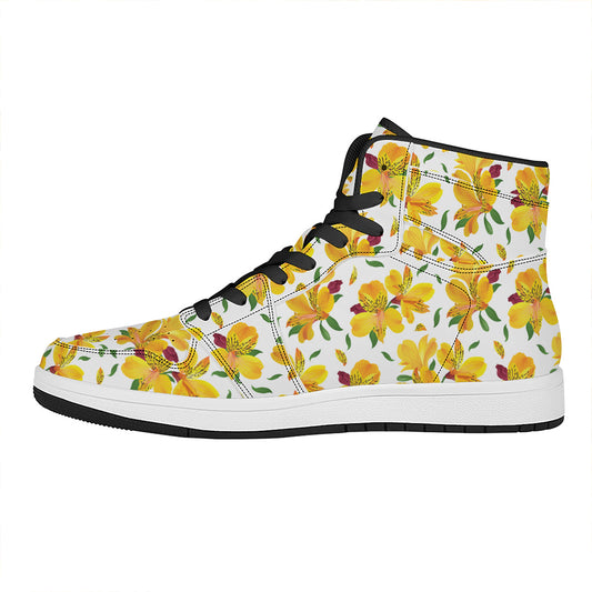Yellow Alstroemeria Pattern Print High Top Leather Sneakers