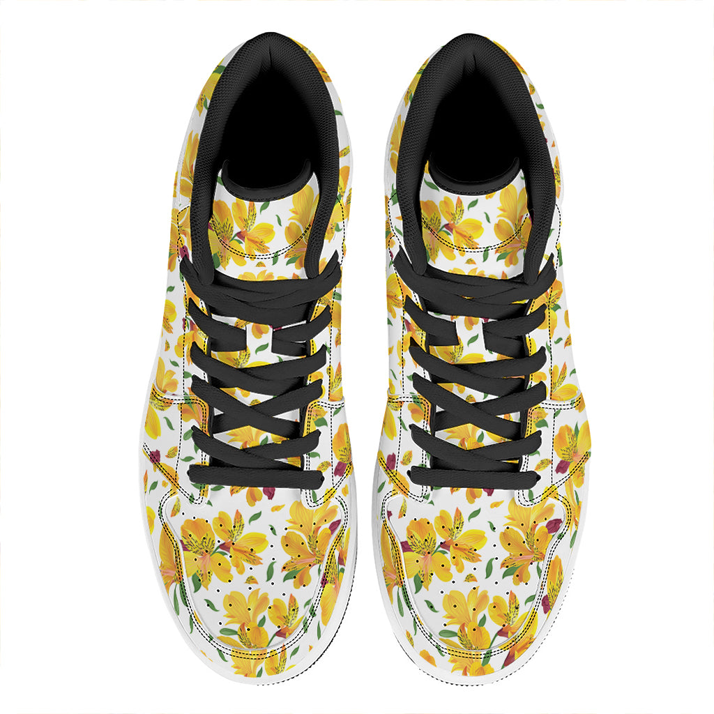 Yellow Alstroemeria Pattern Print High Top Leather Sneakers