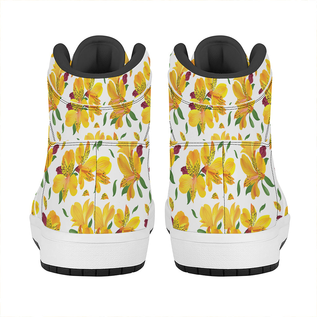 Yellow Alstroemeria Pattern Print High Top Leather Sneakers
