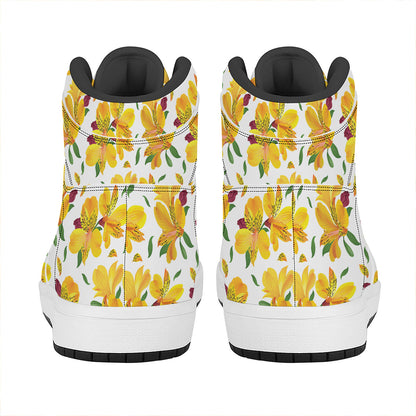 Yellow Alstroemeria Pattern Print High Top Leather Sneakers