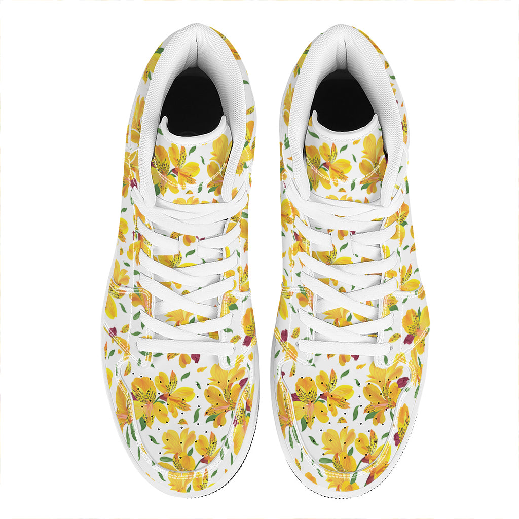 Yellow Alstroemeria Pattern Print High Top Leather Sneakers