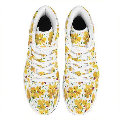 Yellow Alstroemeria Pattern Print High Top Leather Sneakers