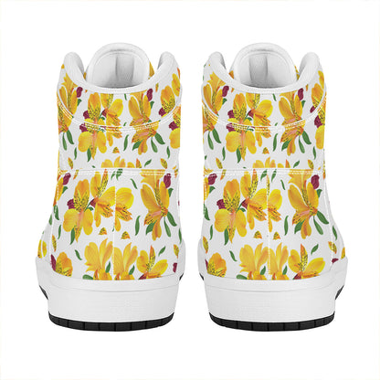 Yellow Alstroemeria Pattern Print High Top Leather Sneakers