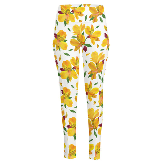 Yellow Alstroemeria Pattern Print High-Waisted Pocket Leggings