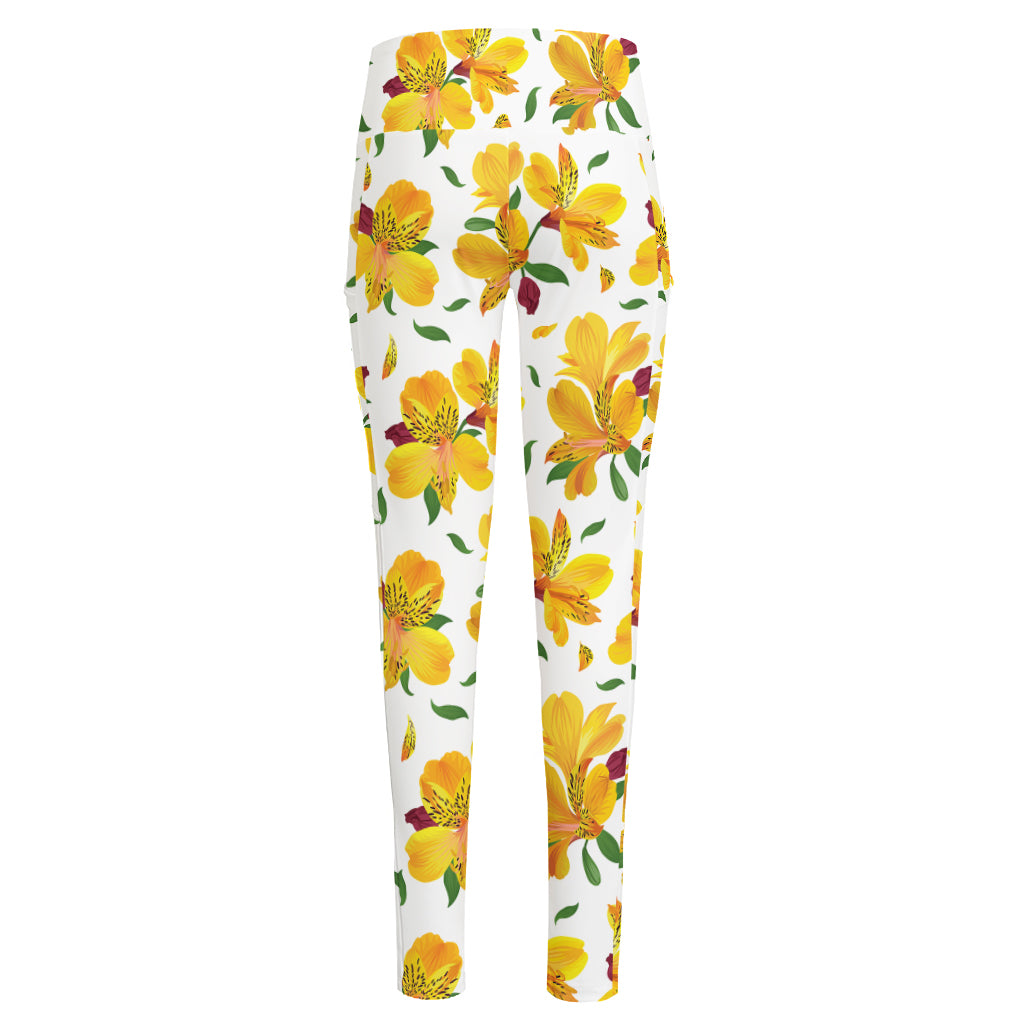 Yellow Alstroemeria Pattern Print High-Waisted Pocket Leggings