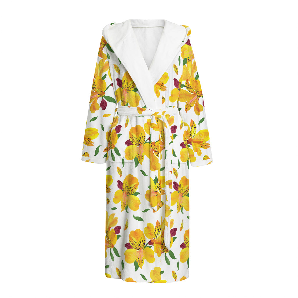 Yellow Alstroemeria Pattern Print Hooded Bathrobe