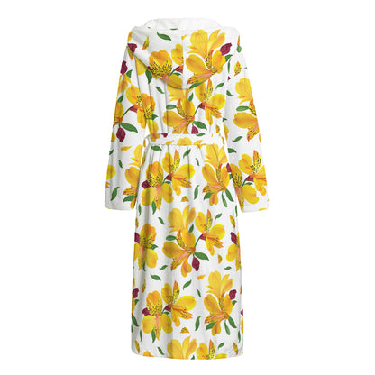 Yellow Alstroemeria Pattern Print Hooded Bathrobe