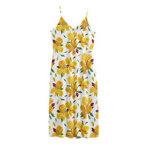 Yellow Alstroemeria Pattern Print Jersey Midi Cami Dress