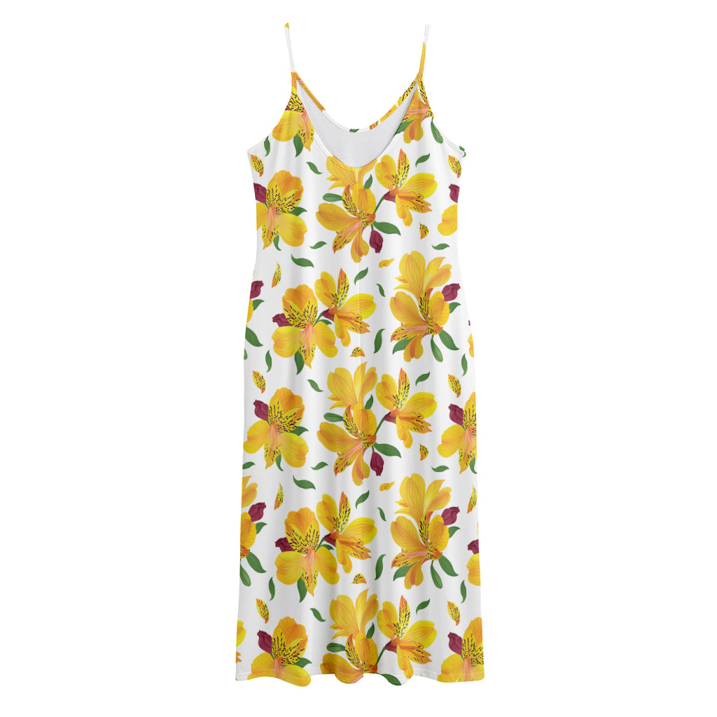 Yellow Alstroemeria Pattern Print Jersey Midi Cami Dress