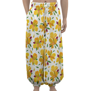 Yellow Alstroemeria Pattern Print Lantern Pants