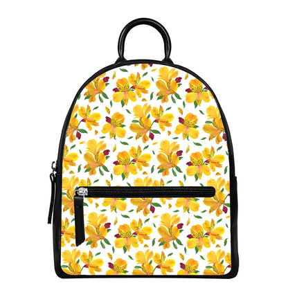 Yellow Alstroemeria Pattern Print Leather Backpack
