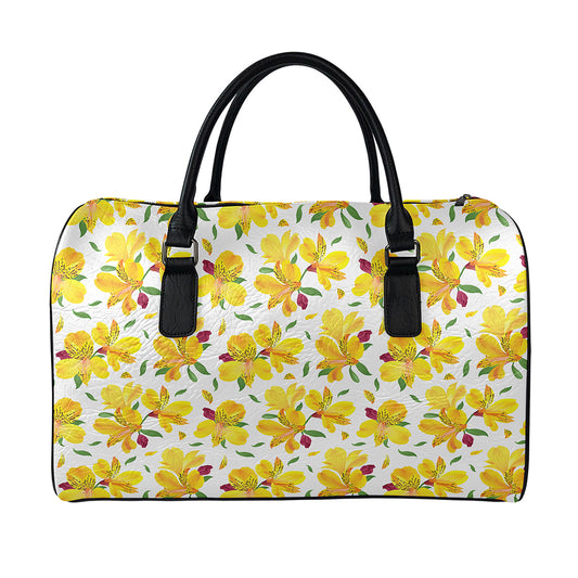 Yellow Alstroemeria Pattern Print Leather Duffle Bag