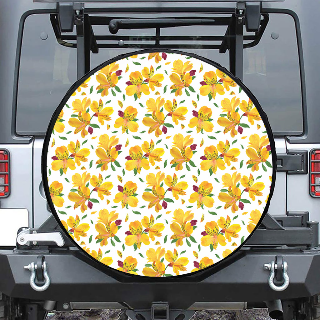 Yellow Alstroemeria Pattern Print Leather Spare Tire Cover
